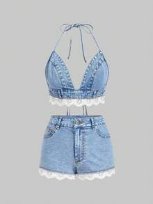 Sweetra Shorts de mezclilla elegantes para mujer con ribete de encaje - Azul - Ver 7