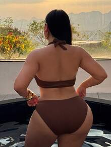 Swim SXY 大尺碼 2 件式泳衣套裝，夏季海灘素色露背性感比基尼 - 棕色 - 查看 2