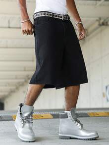 Manfinity Roghcode American Street Style Streetwear Letter Embroidery Washed Black Loose Denim Shorts Holiday Summer - Black - View 3