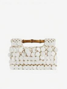 MUSERA Large Sequin Bamboo Handle Bag Spring Summer Holiday Vacation Cute Cool - Off-white - View 4