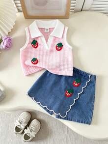 SHEIN Elladie kids 2件組可愛草莓刺繡女嬰套裝 粉色夏季無袖針織背心搭配荷葉邊牛仔裙褲 2歲生日時尚柔軟套裝 - 粉色 - 查看 7