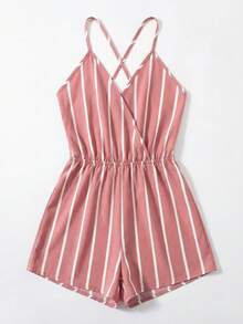 SHEIN VCAY 女士夏季休闲沙滩度假条纹印花交叉露背抽绳连体衣 - 藍色 - 查看 3