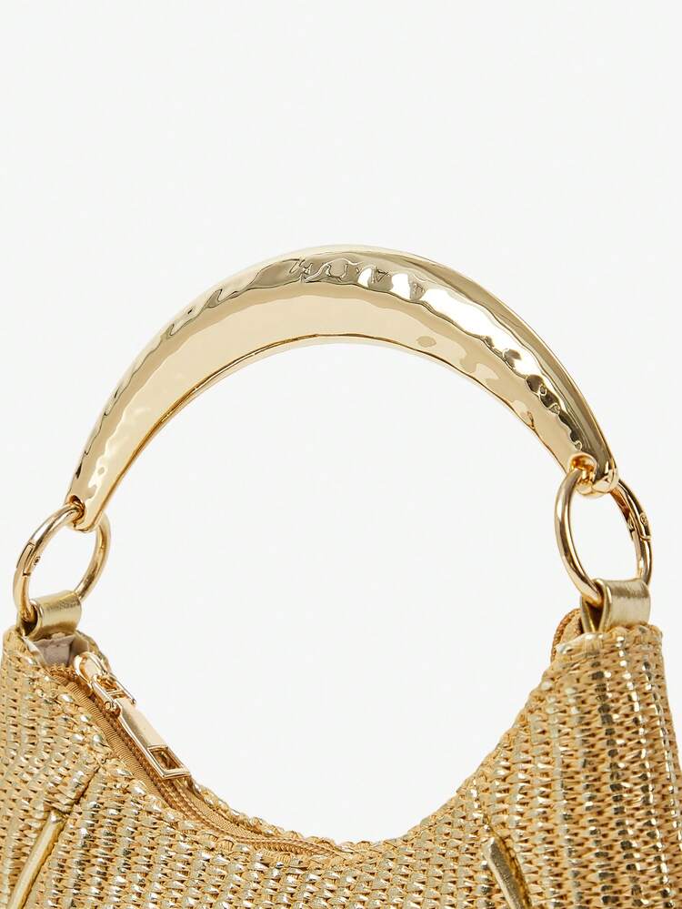 SHEIN Maija Ladies, Women Top Handle Bags, Gold Straw Bag, Straw Woven Bag, Gold Hardware Handle , Fashionable, Elegant, Simple, Personality, Versatile,  For Beach, Vacation, Holiday, Summer, Seaside, Beach Party, Commute, Office, Date,  Daily, Shopping, Afternoon Tea