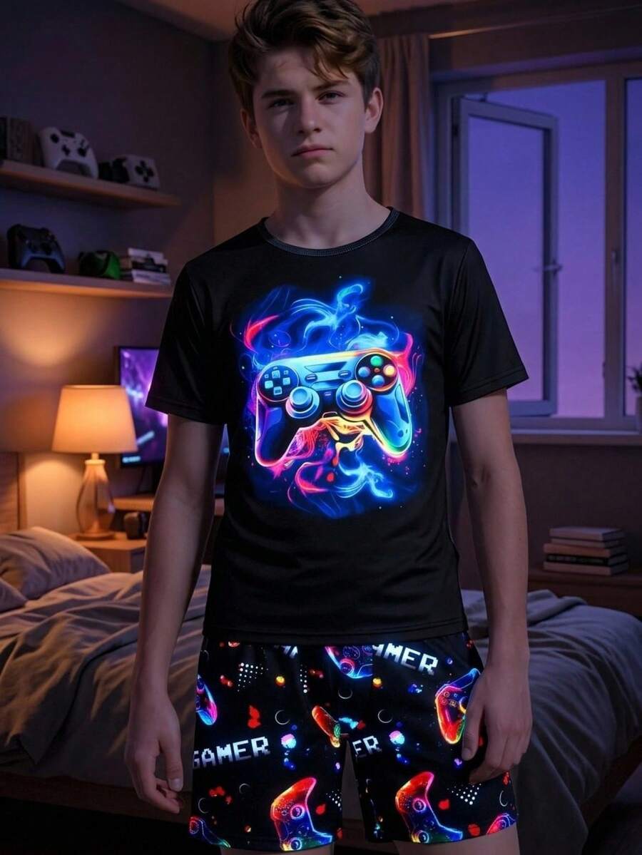 SHEIN 两件套青少年男童夏季短袖短裤睡衣套装,贴身针织弹力睡衣 - 黑色 - 查看 1