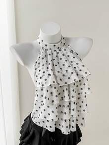 Elamini Women's Polka Dot Ruched Halter Neck Versatile Casual Top - White - View 5