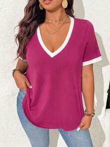 SHEIN Frenchy Kaos Kasual Musim Panas Ukuran Besar dengan Trim Warna Kontras - Hot Pink - View 3