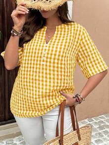 EMERY ROSE Plus Size V-Neck Raglan Sleeve Black & White Plaid Shirt, Flattering - Yellow - View 4