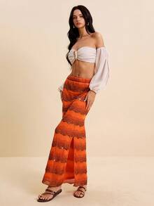 LOTSLUV Saia feminina Resort laranja com textura de miçangas, barra ondulada e corte em A com fenda. - Laranja - Ver 6