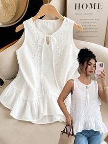 SHEIN Franclia Áo không tay dệt kim kiểu Pháp thanh lịch dành cho nữ, điểm nhấn là ren móc và viền bèo nhún, lý tưởng cho mùa hè, đi biển, kỳ nghỉ và mặc thường ngày. - trắng - Xem 8