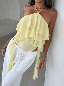 Aloruh Romantic Sexy Elegant Date Vacation Shallow Pale Yellow Multi-Layered Ruffle Trim Backless Bodysuit For Women Summer - Light Yellow - View 5