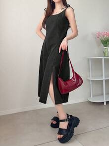 FRIFUL Women's Casual Sleeveless Denim Slit Dress For Summer Cute Tops - Dark Grey - View 5