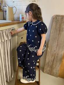 DAZY Young Girls Round Neck Embroidered Sleeveless Shirt And Loose Pants 2 Pieces Vacation Set Summer - Blue - View 1