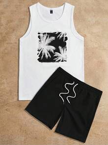 Manfinity VCAY Bộ 2 món gồm áo tank top không tay in hình cây cọ và quần short ống đứng cạp chun dành cho nam, thích hợp cho kỳ nghỉ. - màu đen - Xem 3