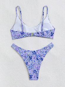 Swim Mod Set de 2 piezas de bikini con estampado floral colorido y aleatorio, lindo para el verano y las vacaciones en la playa - Multicolor - Ver 2