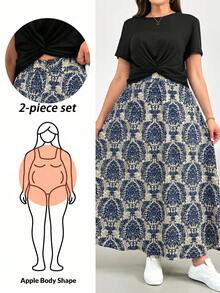 Shapeblank Bộ 2 món nữ size lớn thời trang xuân/hè, áo crop top tay ngắn đen dáng rộng thoải mái tôn dáng và chân váy maxi dài họa tiết xanh, đồ cơ bản dễ phối, trang phục đi chơi, set tôn đường cong, phong cách mùa hè châu Âu - màu đen - Xem 1