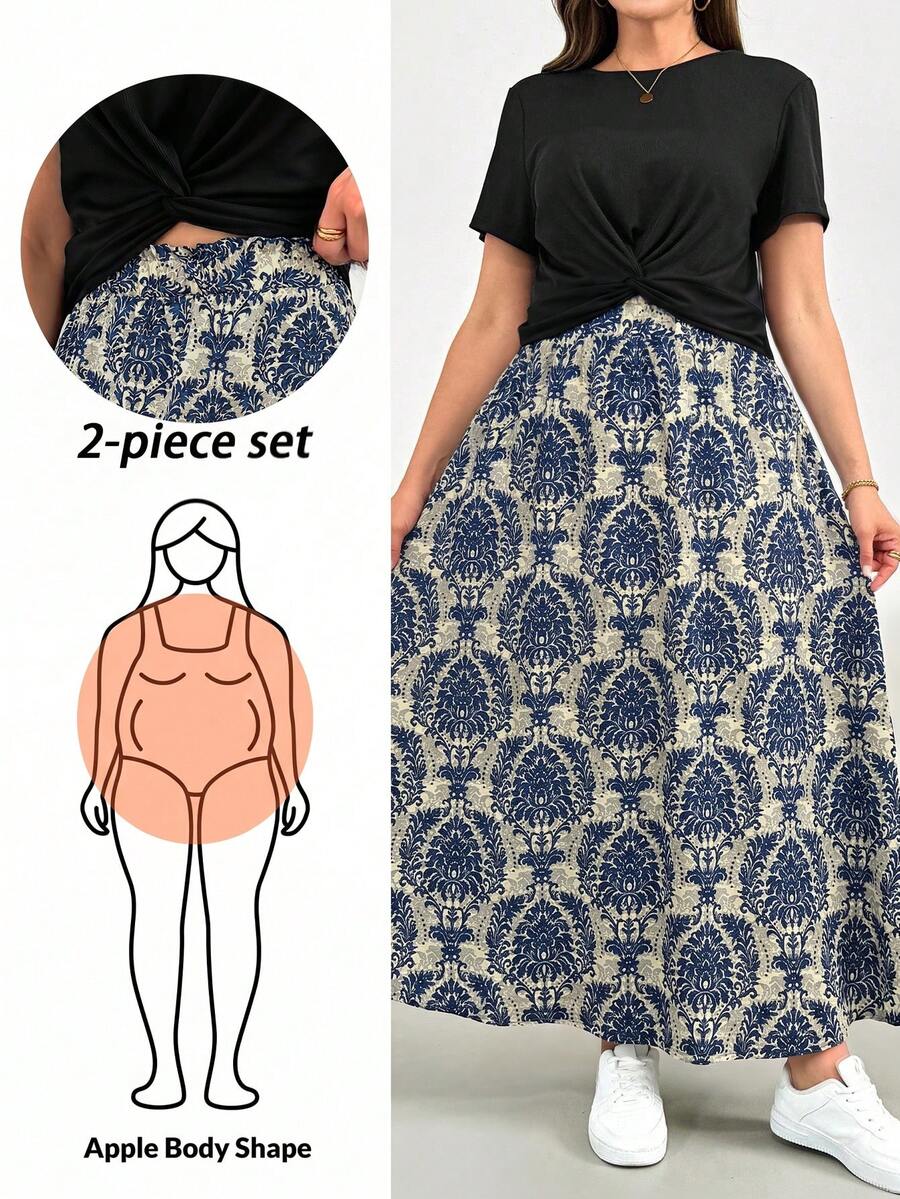 Shapeblank Bộ 2 món nữ size lớn thời trang xuân/hè, áo crop top tay ngắn đen dáng rộng thoải mái tôn dáng và chân váy maxi dài họa tiết xanh, đồ cơ bản dễ phối, trang phục đi chơi, set tôn đường cong, phong cách mùa hè châu Âu - màu đen - Xem 1
