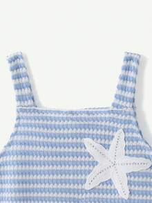 SHEIN Casuvi Kids 少女休闲彩色钩针3D花卉镂空无袖针织连衣裙，适合海滩、度假和休闲穿着 - 藍白色 - 查看 4