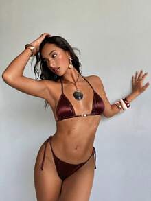 Aloruh 女士新款纯色酒红色比基尼套装，优雅性感迷你三角杯串珠波西米亚风缎面材质，奢华派对音乐节海滩度假装扮 - 酒紅色 - 查看 6