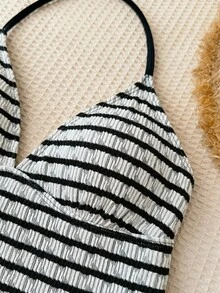 SHEIN Teen Girl Black&White Ribbed Tankini 2 Pieces Swimwear,Suitable For Beach Vacation,Spring/Summer Wear-Ribbed Spaghetti Strap Top And Shorts Set - Black and White - View 3