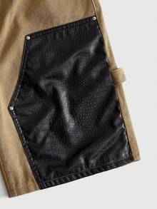 ROMWE MEN Essentials Men's Leather Patchwork Cargo Denim Shorts - Khaki - View 2