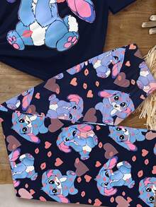 Niedliches Pyjama-Set für Tween-Mädchen mit rosa Herz-Lippen-Muster, Cartoon-Blau-Kaninchen Lulu, Weihnachten, Stich-Schleife-Muster, Herbst, runder Ausschnitt, kurze Ärmel, Shorts, geeignet für Sommer und Herbst - Verschiedenfarbig - Übersicht 5