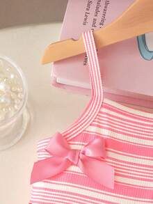 Genkimix Kids Baby Girls' Casual Sleeveless Elastic Ribbed Fabric Bow Decor Short Jumpsuit, Pink Ribbed, Summer - Pink - View 3
