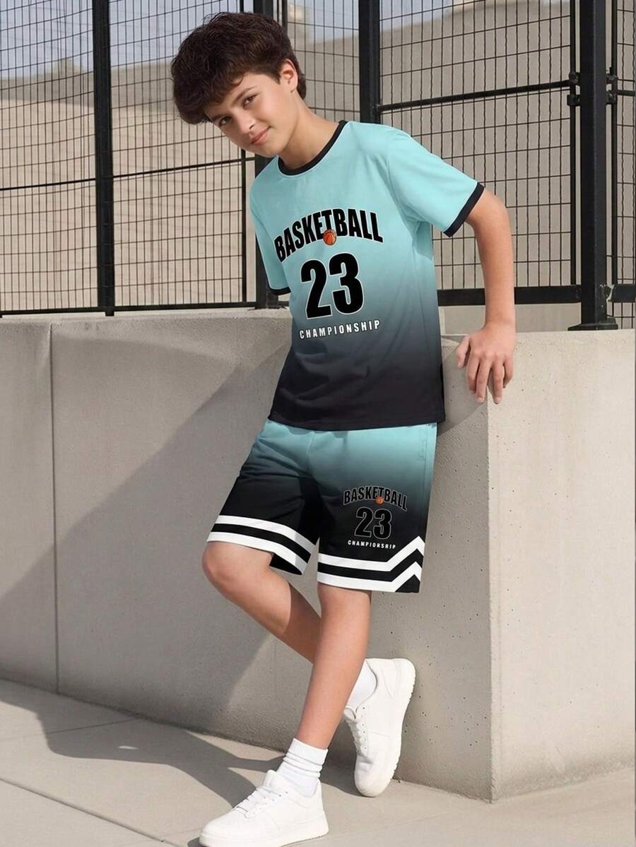 2pcs/Set Boys' Basketball 23 Gradient Tie-Dye Print Short Sleeve Round Neck T-Shirt And Shorts Set, Sports Casual For Spring/Summer - Multicolor - View 1