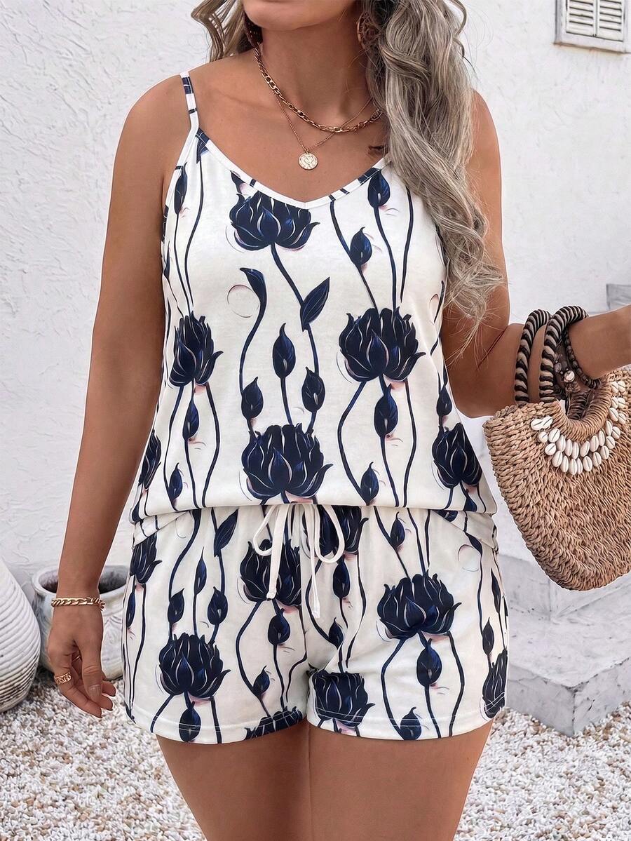 EMERY ROSE Floral Print V-Neck Cami Top & Drawstring Shorts Set, Casual 2-Piece Outfit For Women - Multicolor - View 1