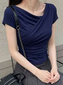 DAZY Women's Summer Solid Color Asymmetrical Collar Slim Short Sleeve T-Shirt - Navy Blue - View 6