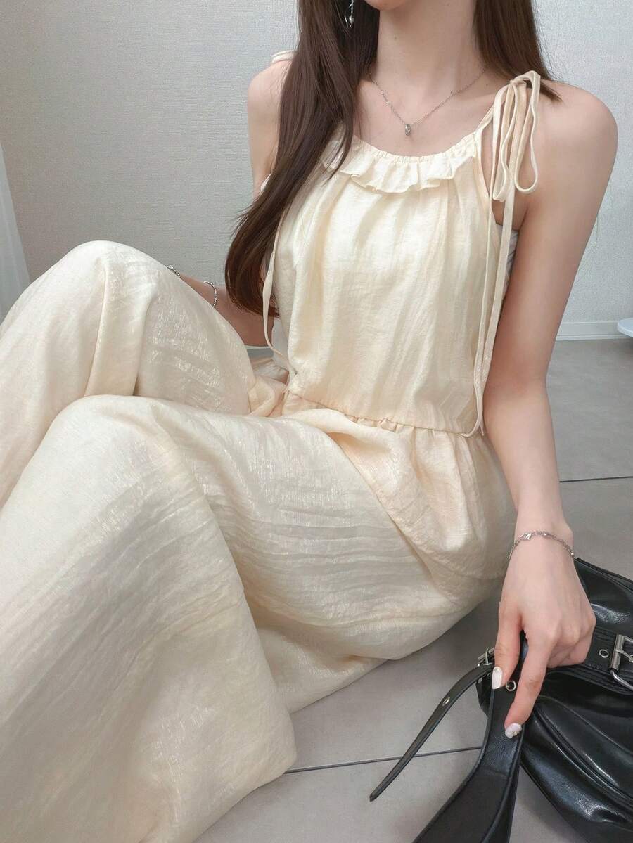 FRIFUL Conjunto de 2 piezas para mujer con top de tirantes con lazo y pantalones casuales de pierna recta holgada, nuevo lanzamiento, tops lindos de verano - Caqui - Ver 1