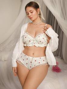 DelicateAllure 2pcs Plus Size Bra Set With Molded Cup, Underwire, Mesh Inset, Ruffle Trim, Bow Decor, Floral Print, Lift & Support - White - View 12
