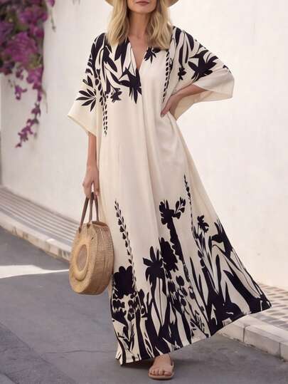 SHEIN Holidaya Women's Casual Dress, V-Neck Floral Print Dress, Loose Fit Beach Dress, Apricot Color