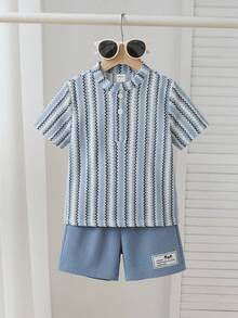 SHEIN 2件套婴儿/男婴春夏休闲条纹polo衫和短裤套装，男婴服装，男婴夏季服装 - 藍色 - 查看 5
