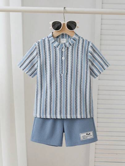 SHEIN 2件套婴儿/男婴春夏休闲条纹polo衫和短裤套装，男婴服装，男婴夏季服装