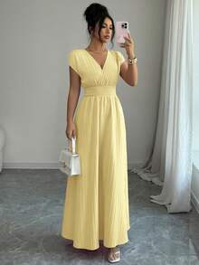 Vestido de mujer de longitud media, sin mangas, con cuello en V, de tela texturizada, cintura ceñida, elegante ropa de resort, primavera/verano - Amarillo claro - Ver 6