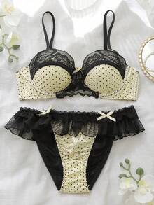 DelicateAllure Polka Dot Mesh Patchwork Lace Lingerie Set - Yellow - View 2