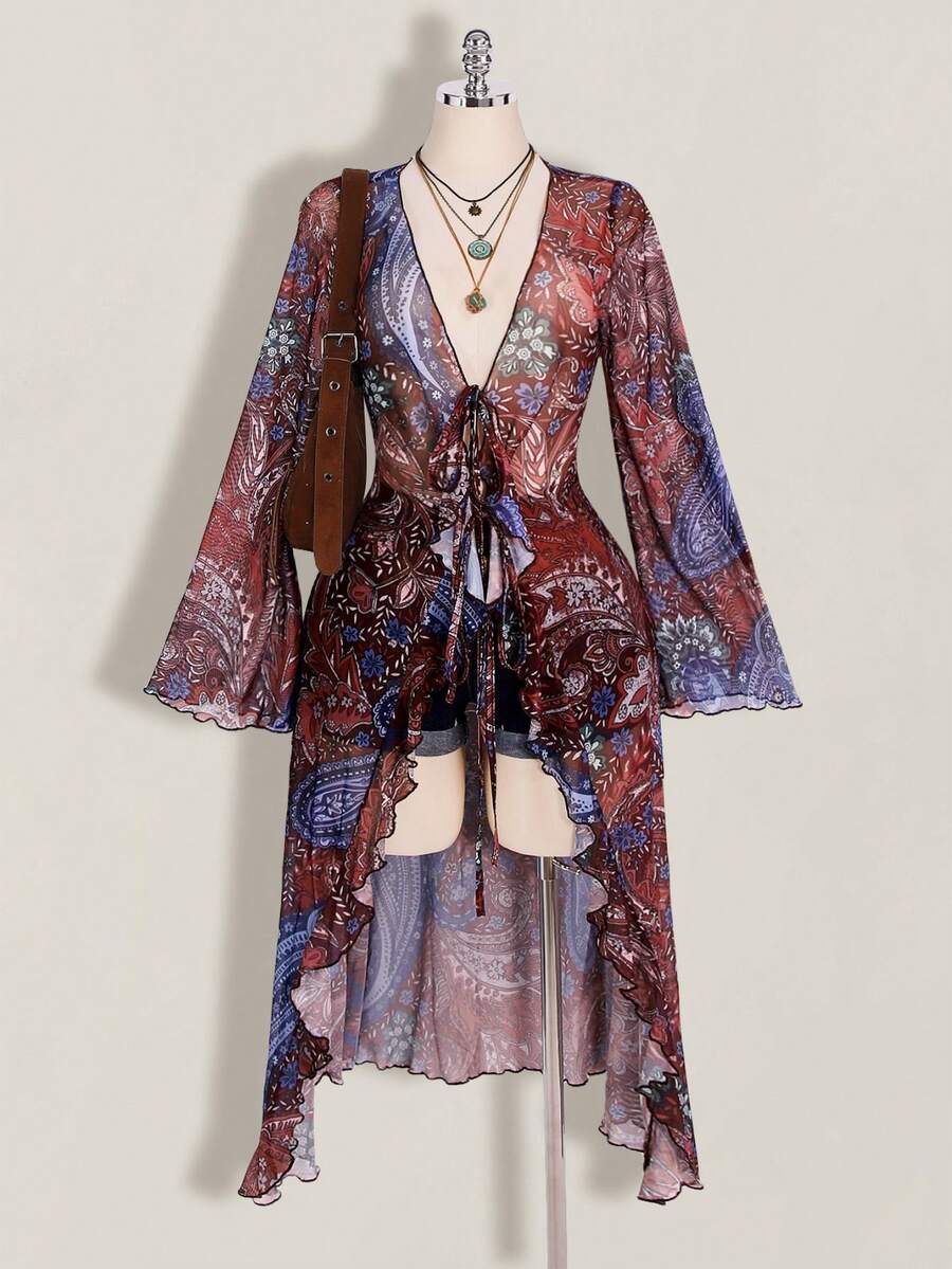 SHEIN ICON Plus Size Women Deep V-Neck Floral Print Casual Vacation Robe - Multicolor - View 1
