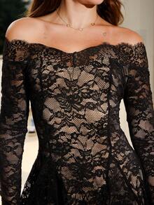 Vivi Wanderley Black Lace Off Shoulder Bodycon Mini Dress, Elegant Sexy Women's Long Sleeve Lace Dress, Black Lace Dress, Elegant Little Black Dress,Valentine's Day,Valentine Outfits For Women - Black - View 4
