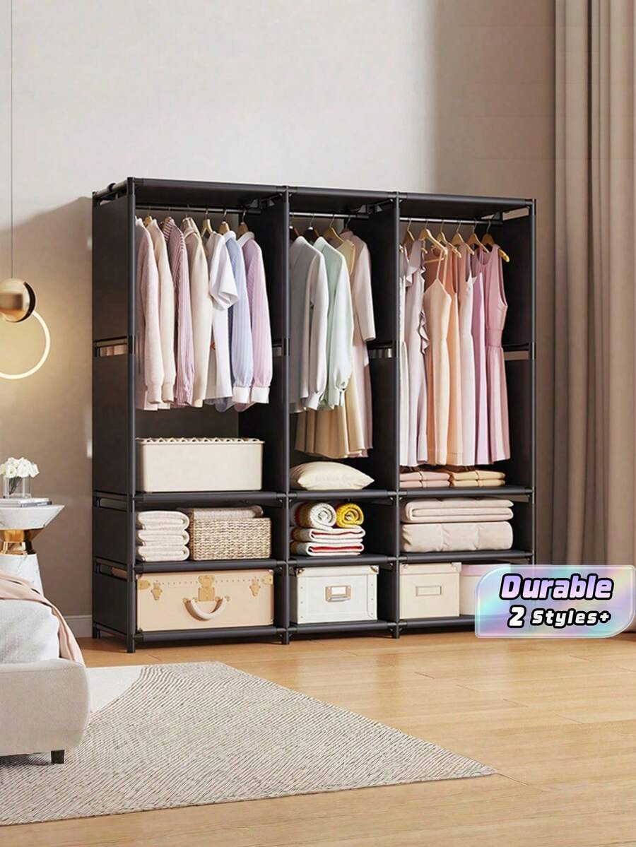 [1 Piece] Metal Multifunctional Coat Rack, 3 Rows Of Simple Hangers With Shoe Rack, Black/White Dustproof Wardrobe Storage Coat Rack Storage Cabinet, New Bedroom Floor-To-Floor Coat Rack, Stylish Simple Thick Steel Pipe Storage Rack - Multicolor - View 1