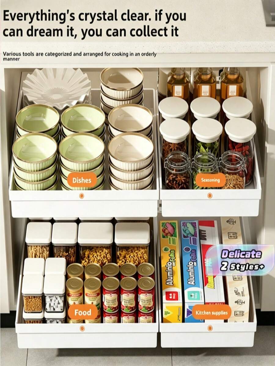 1pc Easily Sliding Steel Cabinet Storage Drawer - Expandable, Nano Adhesive Fixation, Space Saving, Adjustable, Durable, Easy Installation, Suitable For Kitchen And Living Room Food Storage Rack (With Sliding Rails), White - White - View 1