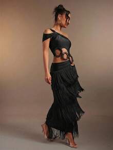 Hauture Women's Sexy One-Shoulder Asymmetrical Neck Fringe Tassel Layered Maxi Dress Bamboo Ring Decor - Black - View 3