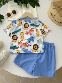LMoss Kids 2pcs Baby Boy Cute Cartoon Pattern Color Block Round Neck T-Shirt And Shorts Set - Multicolor - View 2