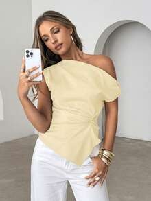 Siren Gaze Women's Solid Color Ruched Waist Asymmetric Shoulder Top - Light Yellow - View 5