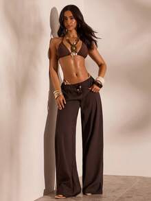 Opulessa Women's Vacation Tie-Waist Loose Coverup & Wide Leg Pants Set - Brown - View 4