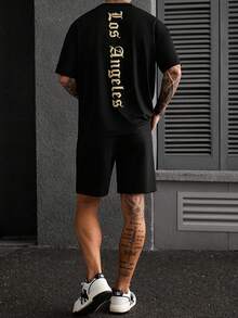 SLATEMANN 男士黑色與金色短袖圓領T恤套裝，大字母印花設計，3D發泡工藝，街頭風夏季時尚，城市度假穿搭 - 黑色 - 查看 6