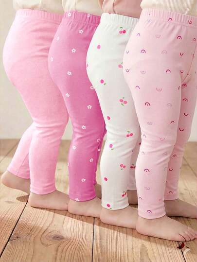 4pcs Baby Girls' Casual Versatile Soft Cute Floral, Rainbow, Strawberry Flower Print Leggings Matched With Pink Cotton Leggings, High Cost-Effective, Suitable For Casual Wear In Spring & Summer, Multi-Color Sweet Cute Print Pants Versatile All-Match Leggings For Spring, Summer Or All Seasons
