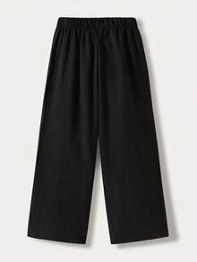 SHEIN Casuvi Kids 1 chiếc quần ống rộng dệt gân dọc cho bé gái, vải gân đen, thiết kế cạp chun, dáng ôm vừa vặn, thoải mái. - màu đen - Xem 2