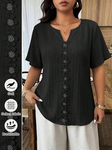 Weeklong Plus Size Women's Floral Patchwork Ruffle Trim Loose Short Sleeve Blouse, Spring/Summer - Black - View 1