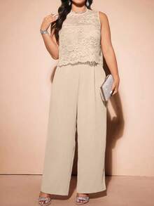 Cravure Elegante Elegante Mono Camisola de Encaje & Cuero Sintético con Tirantes Invisibles, Volantes, Conjunto de 2 Piezas Talla Grande - Albaricoque - Ver 6