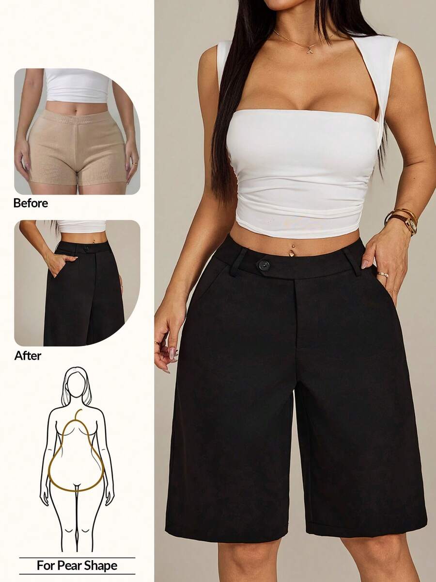 SHEIN PETITE Bermudas casuales de bolsillo en diagonal unicolor